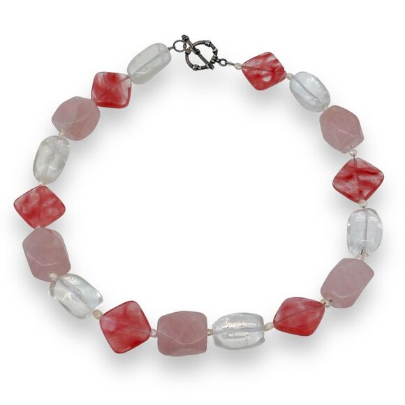 Chunky Sterling Silver 925 Cherry Quartz Rose Quartz Clear Quartz Necklace 16" - Picture 2 of 4